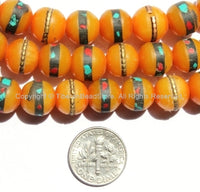 20 BEADS - 10mm Size Tibetan Amber Beads with Turquoise, Coral Inlay - Inlaid Amber Resin Tibetan Beads - LPB16-20