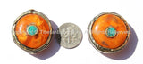 2 beads - Tibetan Round Amber Color Resin Beads with Brass Ring, Turquoise & Coral Inlays - 30mm x 30mm - Ethnic Beads - B1965-2
