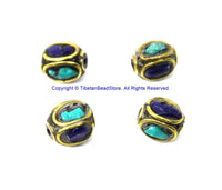 4 BEADS - Ethnic Nepalese Tibetan Handmade Inlay Brass, Turquoise, Lapis Beads - B3518-4