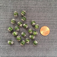 10 BEADS - Tibetan Mossy Green Stone Beads with Repousse Floral Caps - Handmade Ethnic Beads - Tibetan Jewelry TibetanBeadStore - B3457-10