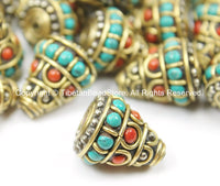 2 BEADS Tibetan Thick Cone Beads with Brass, Turquoise & Coral Inlays- TibetanBeadStore Handmade Ethnic Nepal Tibetan Beads- Cone -B2776-2