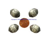 4 BEADS - BIG Tibetan White Crackle Resin Beads With Tibetan Silver Caps - Tibetan Beads - Ethnic Beads - B700B-4