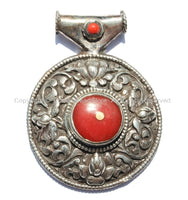 Large Ethnic Tibetan Pendant with Repousse Carved Lotus Floral Details & Red Coral Inlays - Large Ethnic Tribal Tibetan Pendant - WM5432