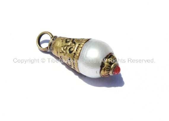 Tibetan Pearl Charm Pendant with Brass Caps & Coral Accent - WM2037-1