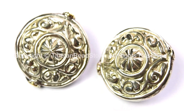 2 BEADS Large Repousse Carved Floral Design Disc Shape Focal Pendant Tibetan Beads - Ethnic Nepal Tibetan Silver Beads - B2455-2