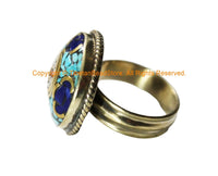 Beautiful Handmade Tibetan Statement Ring with Turquoise, Lapis & Coral Inlays - Ethnic Chunky Inlay Ring - R344