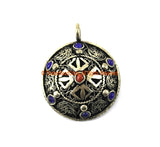 Ethnic Nepal Tibetan Double Vajra Pendant with Filigree Details, Colored Bead Inlays - Jewelry Supplies Pendant - TibetanBeadStore - WM7275