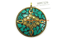 Ethnic Tibetan Floral Pendant with Brass and Howlite Turquoise Mosaic Inlays - Mosaic Inlaid Round Tibetan Pendant Jewelry - WM7329