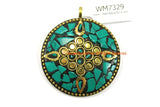 Ethnic Tibetan Floral Pendant with Brass and Howlite Turquoise Mosaic Inlays - Mosaic Inlaid Round Tibetan Pendant Jewelry - WM7329