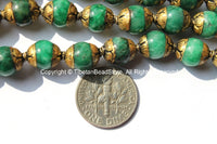 10 BEADS - Small Green JadeTibetan Beads with Brass Caps - Handmade Tibetan Beads, Pendants, Jewelry - TibetanBeadStore - B2488-10