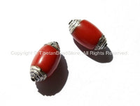 2 BEADS Tibetan Red Resin Coral Beads with Tibetan Silver Caps - Ethnic Nepal Tibetan Beads - Ethnic Sherpa Coral Resin Beads- B995-2