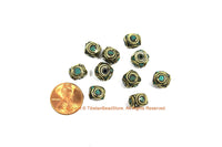 10 BEADS Ethnic Nepal Tibetan Turquoise & Brass Inlay Beads - Handmade Nepal Tibetan Box Shaped Beads - TibetanBeadStore - B3456-10