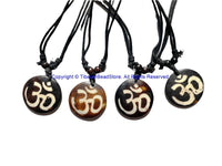 OM Mantra Design Carved Bone Pendant Necklace on Adjustable Cord - Ethnic Tribal Handmade Boho Jewelry - HC166T
