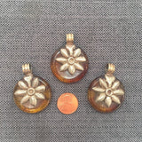 Tibetan Amber Copal Resin Round Pendant with Repousse Floral Tibetan Silver Bail - Tibetan Amber Pendant - Handmade Tibetan Jewelry - WM7862