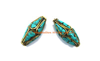 2 BEADS Tibetan Bicone Beads with Brass & Turquoise Inlays by TibetanBeadStore - Turquoise Beads Brass Inlay Beads Nepal Beads B3320-2