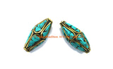 2 BEADS Tibetan Bicone Beads with Brass & Turquoise Inlays by TibetanBeadStore - Turquoise Beads Brass Inlay Beads Nepal Beads B3320-2