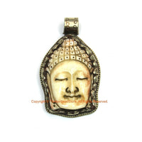 Buddha Head Pendant - Ethnic Tibetan Carved Bone Buddha Pendant with Tibetan Silver Lotus Detail - Handmade Tibetan Jewelry - WM7788A