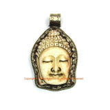Buddha Head Pendant - Ethnic Tibetan Carved Bone Buddha Pendant with Tibetan Silver Lotus Detail - Handmade Tibetan Jewelry - WM7788A