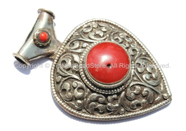 LARGE Ethnic Tibetan Repousse Carved Heart Shaped Pendant with Coral Inlays - Ethnic Tribal Tibetan Jewelry Pendant - WM5442