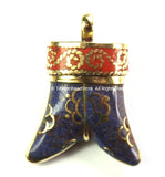 Tibetan Double-Horn Tusk Amulet Pendant with Brass, Lapis & Coral Inlays - Boho Tribal Ethnic Tibetan Double Horn Amulet - WM4229