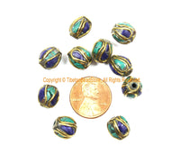 10 BEADS Tibetan Lapis, Turquoise, Brass Inlay Beads - Tibetan Beads Tribal Beads - 9mm x 10mm Handmade Tube Inlay Beads - B3510-10