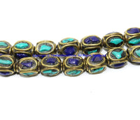 4 BEADS - Ethnic Nepalese Tibetan Handmade Inlay Brass, Turquoise, Lapis Beads - B3518-4