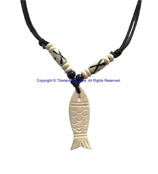 Handmade Fish Design Carved Bone Pendant Necklace on Adjustable Cord with Bead Accents - Ethnic Tribal Necklace Boho Yoga Jewelry - HC166i