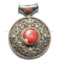 Large Ethnic Tibetan Pendant with Repousse Carved Lotus Floral Details & Red Colored Coral Inlays - Large Tribal Tibetan Pendant - WM5431