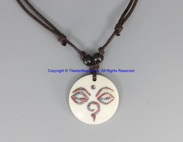 Buddha Eyes Design Carved Bone Pendant on Adjustable Cord - Wisdom Eyes - Ethnic Tribal Handmade Unisex Boho Jewelry - - WM7937