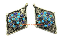Tibetan Pendant Ethnic Filigree Diamond Kite-shape Nepal Tibetan Pendant with Lapis, Turquoise Bead Inlays - Handmade Jewelry - WM7711