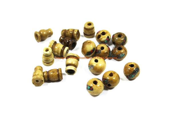 2 SETS - Tibetan Inlaid Antiqued Bone Guru Bead Sets - Tibetan Bone Guru Beads with Turquoise, Coral Inlays - Mala Making Supply - GB70-2