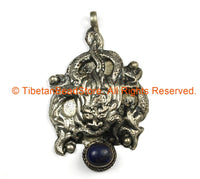 Ethnic Tribal Antique Look Repousse Tibetan Dragon Pendant with Lapis Inlay - TibetanBeadStore - Handmade - Unisex Jewelry - WM7226