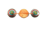 2 BEADS - Tibetan OM Mantra Inscribed Reversible Tibetan Beads with Brass, Metal, Turquoise & Coral Inlays - Tibetan Beads - B3317-2