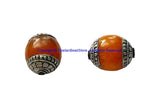 4 BEADS - BIG Tibetan Amber Color Resin Beads With Tibetan Silver Caps - Tibetan Beads - Ethnic Beads - B1255B-4