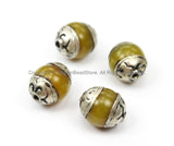 4 BEADS Tibetan Beeswax Honey Amber Color Resin Beads with Tibetan Silver Caps - TibetanBeadStore Beeswax Amber Tibetan Beads- B2895-4