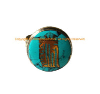 Kalachakra Mantra Ring - Turquoise & Brass Inlay Kalachakra Tibetan Mantra Ring - Handmade Tibetan Jewelry - R350-7.75