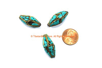 3 BEADS - Tibetan Bicone Beads with Brass & Turquoise Inlays by TibetanBeadStore - Turquoise Beads Brass Inlay Nepal Beads B3320-3