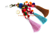 Quality Luxury Pom Pom Tassels - Handmade Multi-colored Pom Pom Tassels with Spring Clip - Boho Long Tassels - Silk Bag Tassels - BK26C