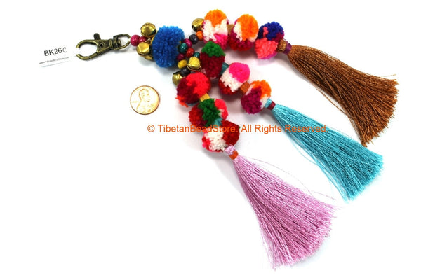 Quality Luxury Pom Pom Tassels - Handmade Multi-colored Pom Pom Tassels with Spring Clip - Boho Long Tassels - Silk Bag Tassels - BK26C