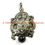 Ethnic Tribal Antique Look Repousse Tibetan Dragon Pendant with Onyx Garnet Inlay - TibetanBeadStore - Handmade - Unisex Jewelry - WM7234