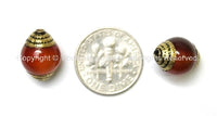 4 BEADS - Tibetan Carnelian Beads with Brass Caps - Ethnic Handmade Tibetan Beads - B1409-4