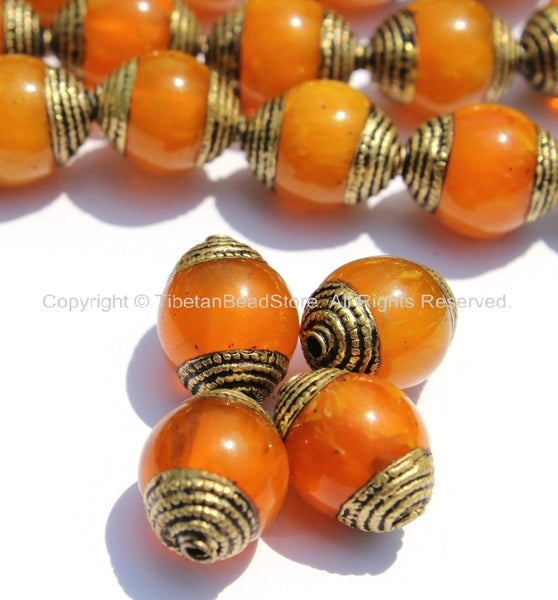 4 BEADS - Tibetan Amber Copal Resin Beads with Brass Caps - Ethnic Tribal Tibetan Beads - B2135-4
