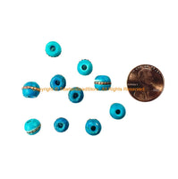 8 BEADS - 8mm Tibetan Turquoise Color Bone Beads with Metal Inlays - Ethnic Nepal Tibetan Green Bone Beads - LPB148T-8