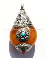 Reversible Tibetan Amber Copal Resin Teardrop Shape Charm Pendant with Floral Design Tibetan Silver Caps - Tibetan Jewelry - WM4695