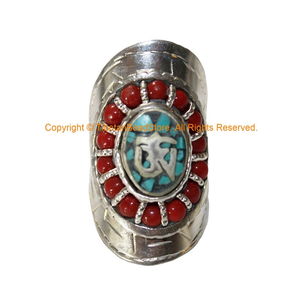 Beautiful Handmade Tibetan OM Mantra Shield Ring with Turquoise, Coral Inlays - Ethnic OM Mantra Large Oval Inlay Ring - R342