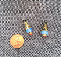 2 CHARMS Ethnic Tribal Tibetan Milky Opalite Drop Charm Pendant with Brass Caps - Small Opalite Drops Handmade Tibetan Jewelry - WM7805B-2