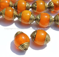 2 BEADS - Tibetan Amber Resin Beads with Brass Caps - Ethnic Tribal Tibetan Beads - Tibetan Amber Beads - B2135-2