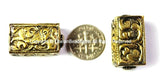 2 BEADS - Tibetan Beads - Repousse Carved Brass Rectangular Box-Shaped with Fish & Floral Details - Nepal Tibetan Pendant Beads - B2432