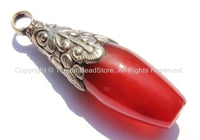LARGE Tibetan Carnelian Pendant with Repousse Tibetan Silver Floral Caps - Handmade in Nepal - Large Carnelian Pendant - WM6082