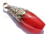 LARGE Tibetan Carnelian Pendant with Repousse Tibetan Silver Floral Caps - Handmade in Nepal - Large Carnelian Pendant - WM6082
